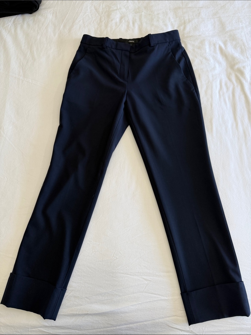Theory Crop Cuff Pant New Stretch Wool Navy Cropped Trouser Workwear Size 0